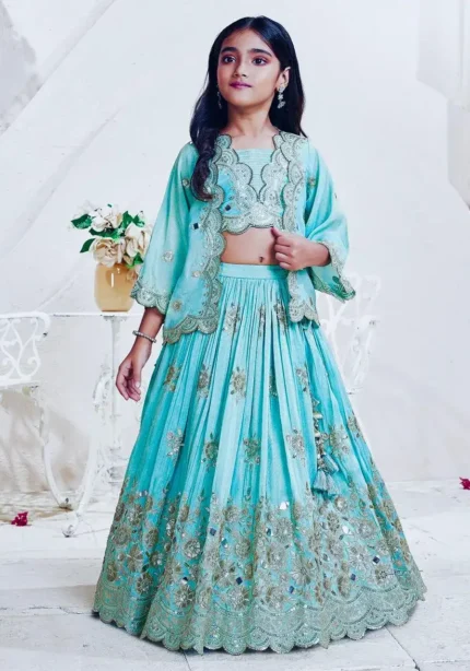 Chinon Silk Heavy Embroidered Stylish Partwear Kids Lehenga