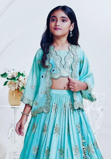 Chinon Silk Heavy Embroidered Stylish Partwear Kids Lehenga