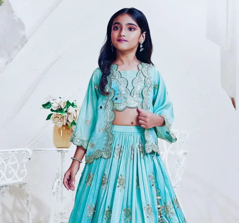 Chinon Silk Heavy Embroidered Stylish Partwear Kids Lehenga