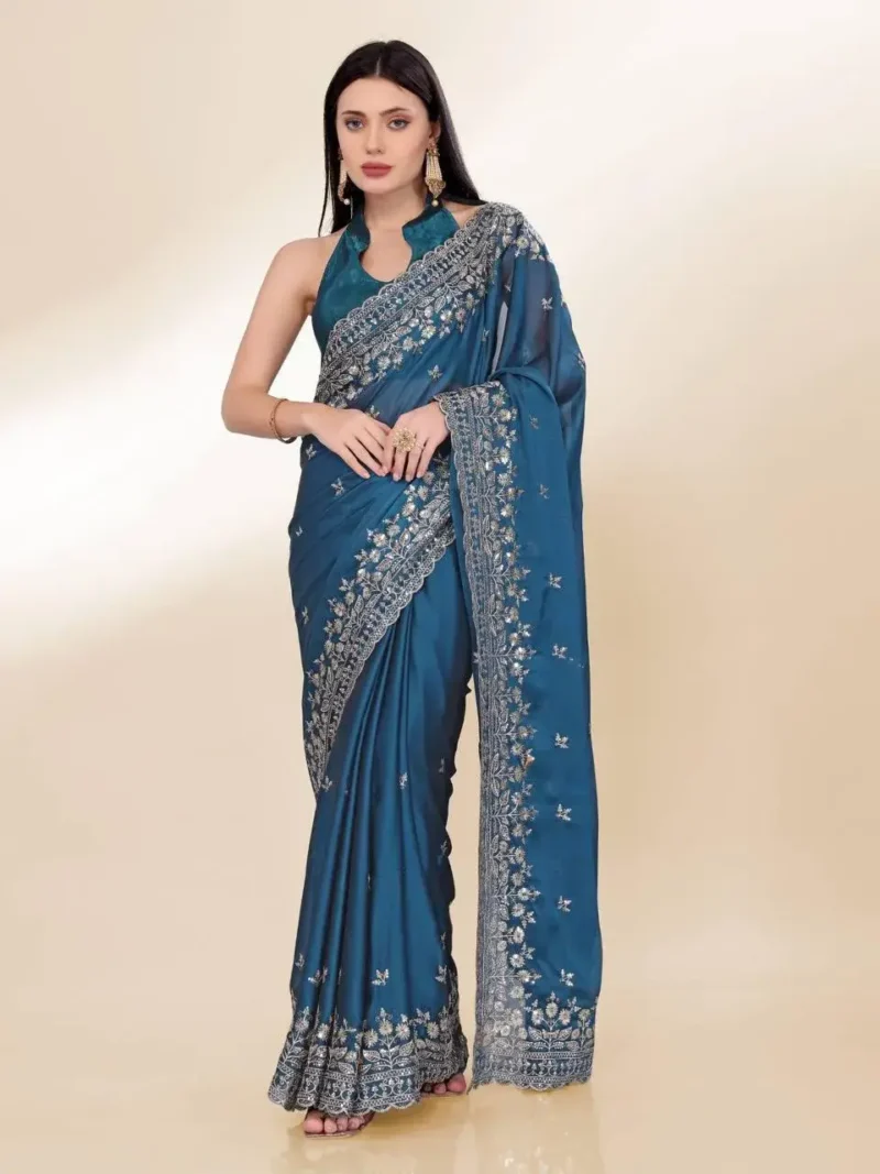 Chinon Silk Sequins Embroidery Party Wear Saree