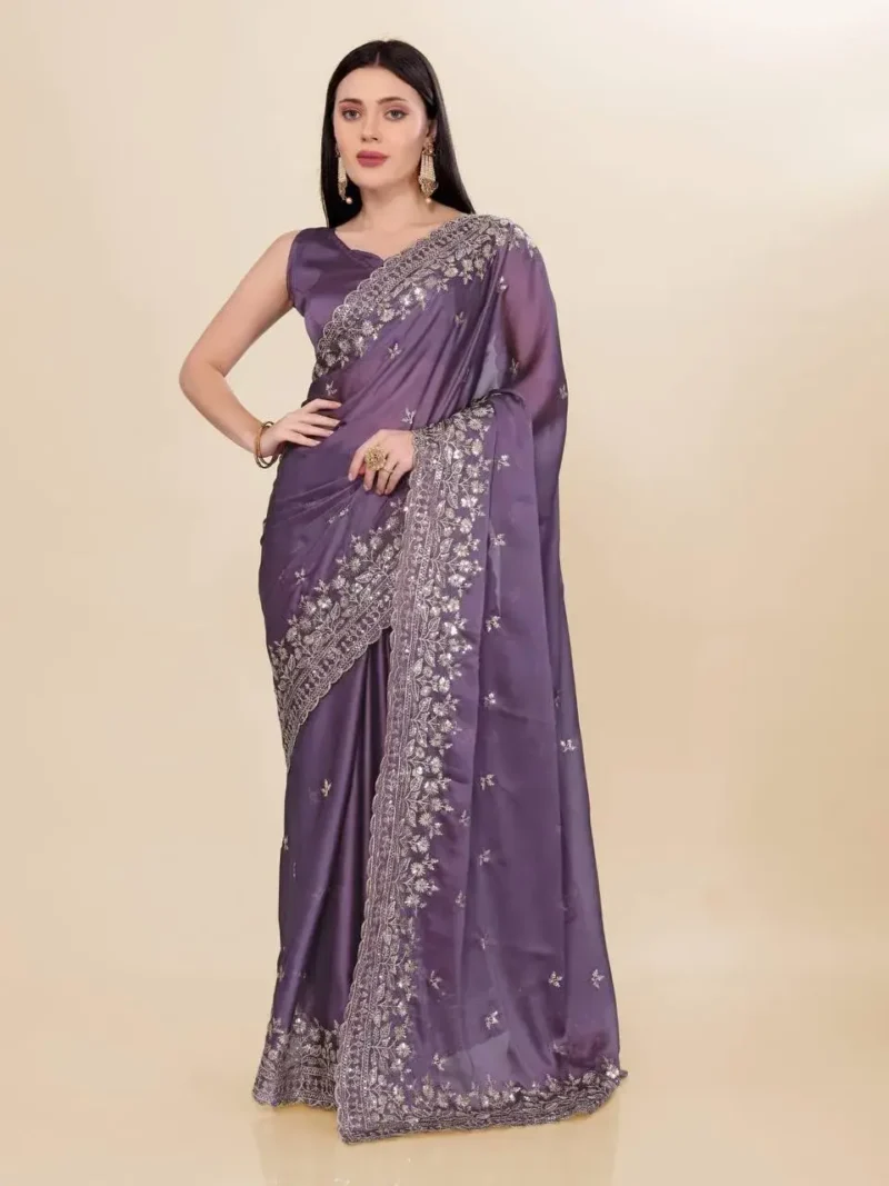 Chinon Silk Sequins Embroidery Party Wear Saree
