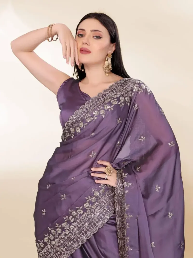 Chinon Silk Sequins Embroidery Party Wear Saree