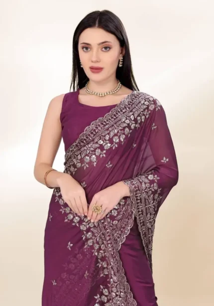 Chinon Silk Sequins Embroidery Party Wear Saree