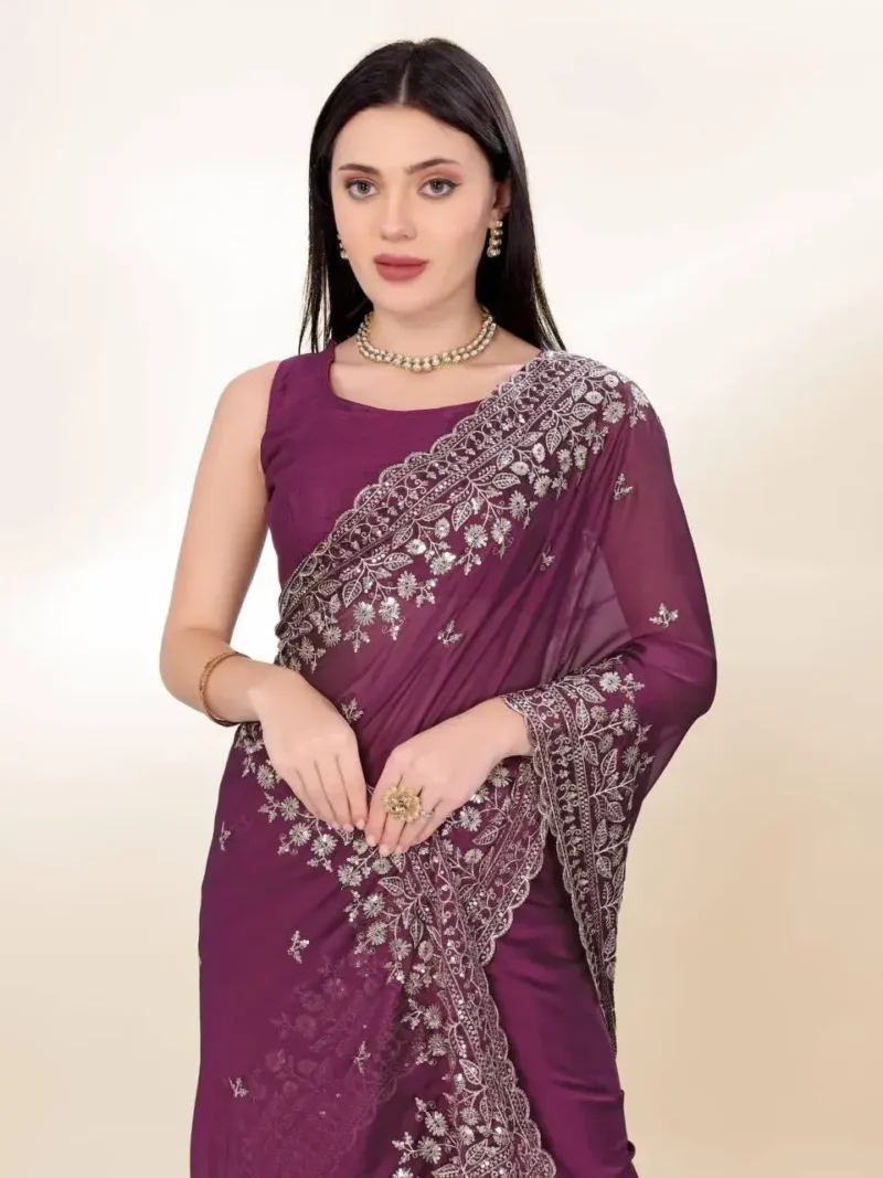 Chinon Silk Sequins Embroidery Party Wear Saree