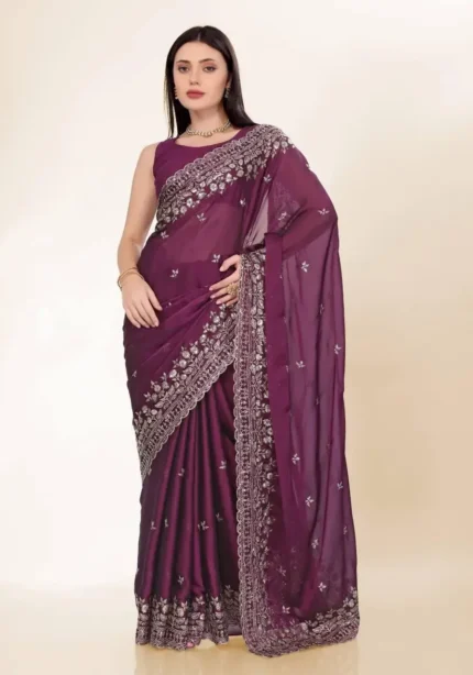 Chinon Silk Sequins Embroidery Party Wear Saree