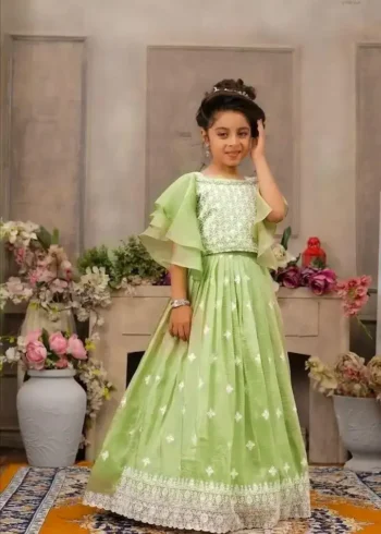 Chinon Silk Embroidery Work Stylish Kids Partywear Lehenga