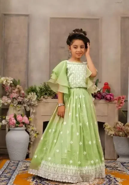 Chinon Silk Embroidery Work Stylish Kids Partywear Lehenga