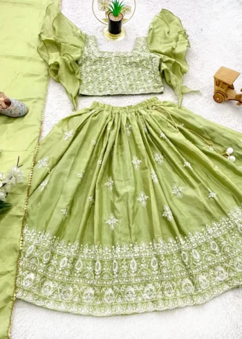 Chinon Silk Embroidery Work Stylish Kids Partywear Lehenga
