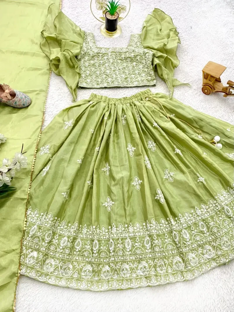 Chinon Silk Embroidery Work Stylish Kids Partywear Lehenga