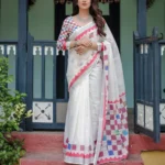 Classic White Pure Linen Saree With Tassels