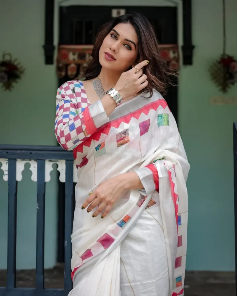 Classic White Pure Linen Saree With Tassels