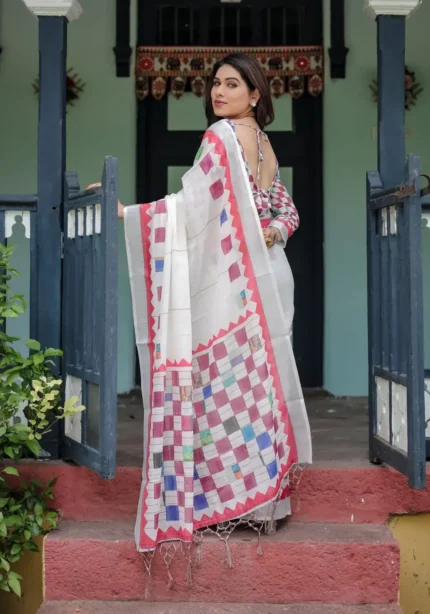 Classic White Pure Linen Saree With Tassels