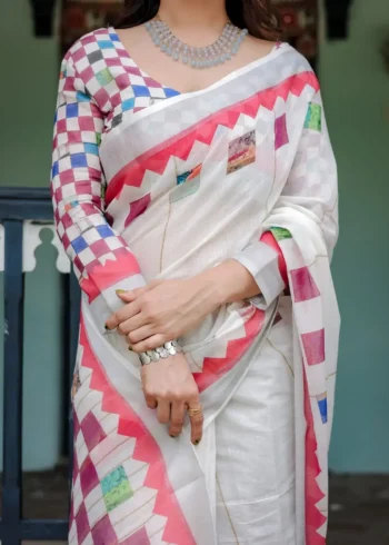 Classic White Pure Linen Saree With Tassels