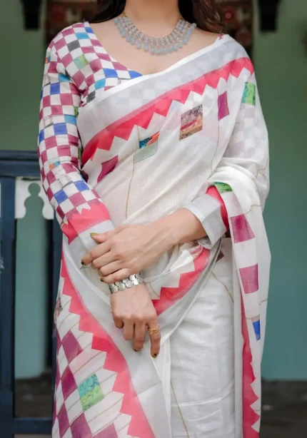 Classic White Pure Linen Saree With Tassels