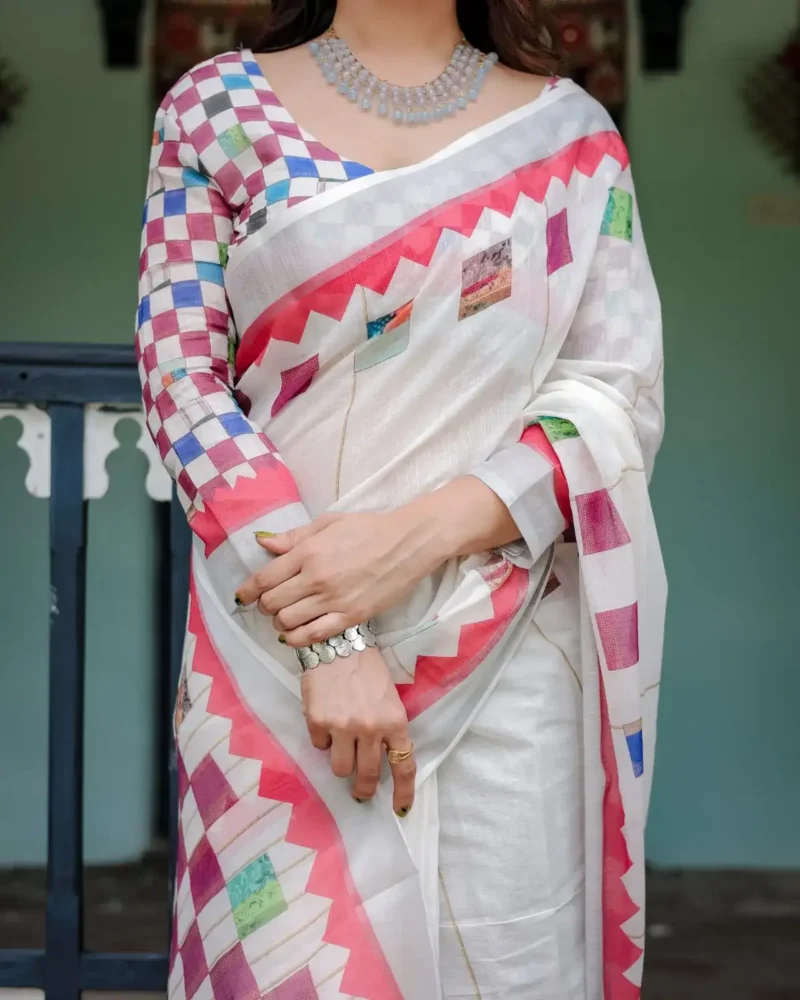 Classic White Pure Linen Saree With Tassels