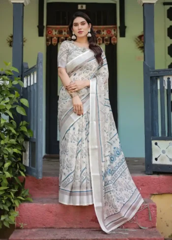 Cream and Beige Linen Saree With Elegant Blue Floral and Paisley Motifs