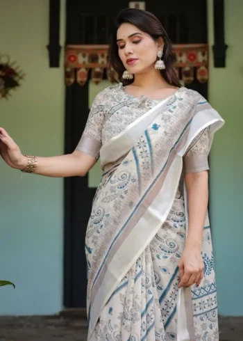 Cream and Beige Linen Saree With Elegant Blue Floral and Paisley Motifs