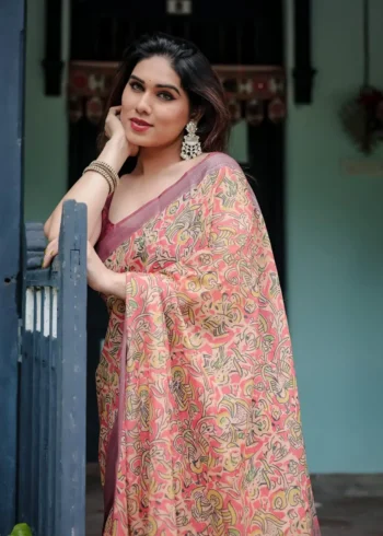 Creamy Beige Pure Linen Saree With Bold Multicolor Abstract Motifs