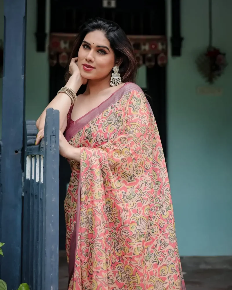 Creamy Beige Pure Linen Saree With Bold Multicolor Abstract Motifs