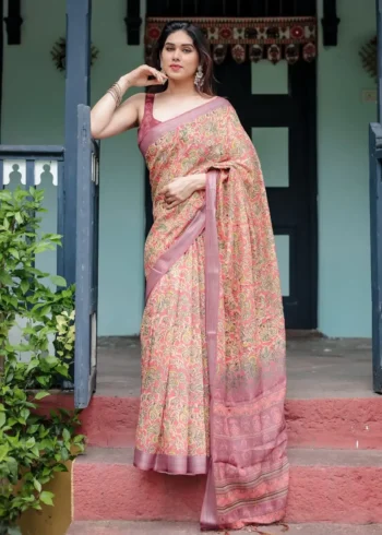 Creamy Beige Pure Linen Saree With Bold Multicolor Abstract Motifs