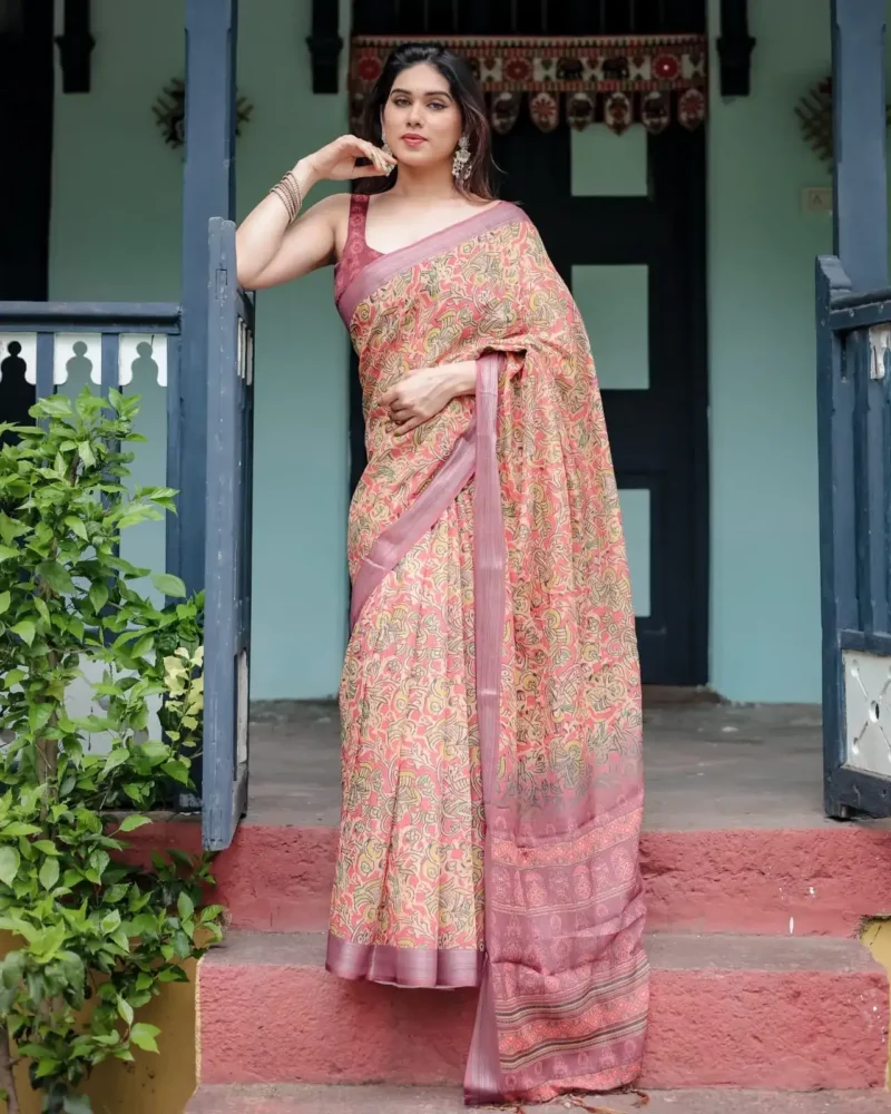 Creamy Beige Pure Linen Saree With Bold Multicolor Abstract Motifs