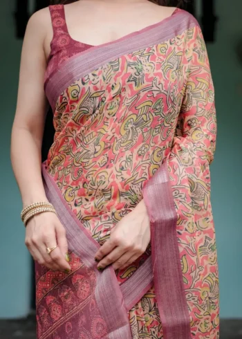 Creamy Beige Pure Linen Saree With Bold Multicolor Abstract Motifs