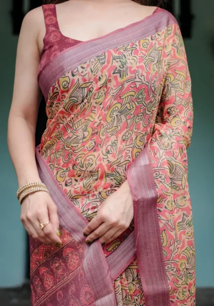 Creamy Beige Pure Linen Saree With Bold Multicolor Abstract Motifs