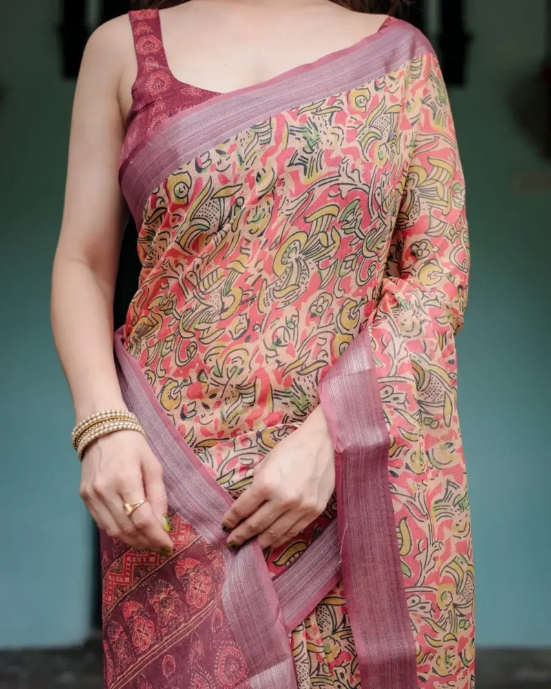 Creamy Beige Pure Linen Saree With Bold Multicolor Abstract Motifs