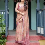 Creamy Beige Pure Linen Saree With Bold Multicolor Abstract Motifs