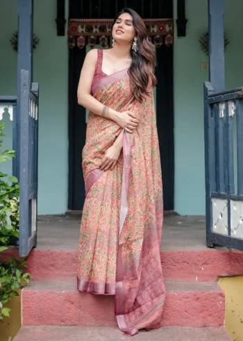 Creamy Beige Pure Linen Saree With Bold Multicolor Abstract Motifs