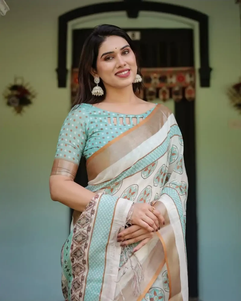 Creamy White With Aqua Blue and Earthy Brown Motifs Linen Saree