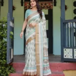 Creamy White With Aqua Blue and Earthy Brown Motifs Linen Saree