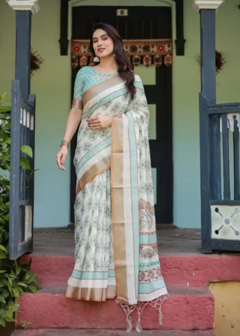 Creamy White With Aqua Blue and Earthy Brown Motifs Linen Saree