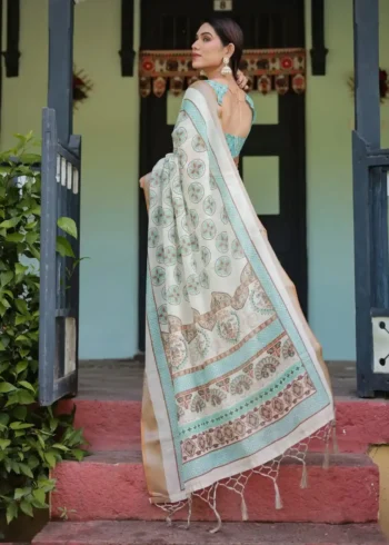 Creamy White With Aqua Blue and Earthy Brown Motifs Linen Saree