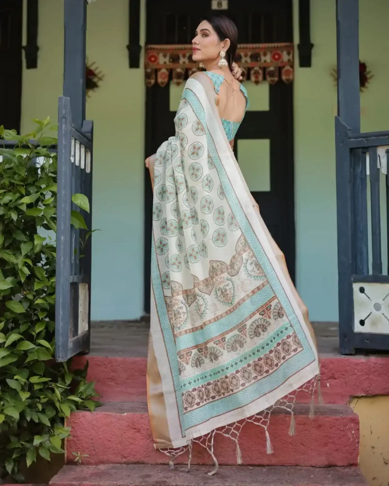 Creamy White With Aqua Blue and Earthy Brown Motifs Linen Saree