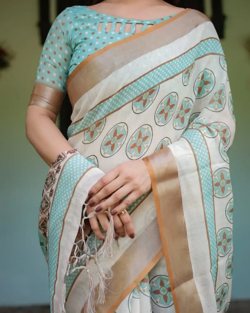 Creamy White With Aqua Blue and Earthy Brown Motifs Linen Saree