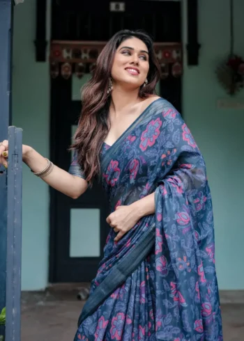 Deep Blue Pure Linen Saree With Vibrant Floral Print