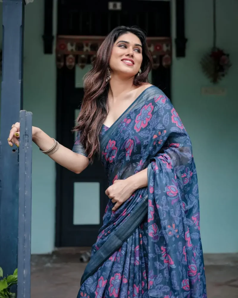 Deep Blue Pure Linen Saree With Vibrant Floral Print