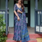 Deep Blue Pure Linen Saree With Vibrant Floral Print