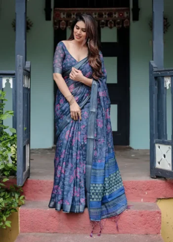 Deep Blue Pure Linen Saree With Vibrant Floral Print