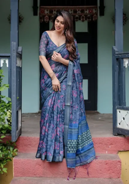 Deep Blue Pure Linen Saree With Vibrant Floral Print