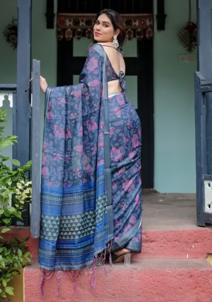 Deep Blue Pure Linen Saree With Vibrant Floral Print