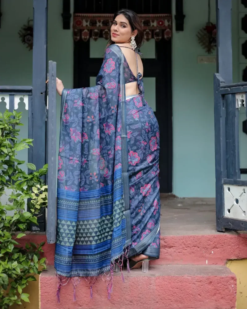 Deep Blue Pure Linen Saree With Vibrant Floral Print