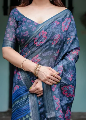 Deep Blue Pure Linen Saree With Vibrant Floral Print