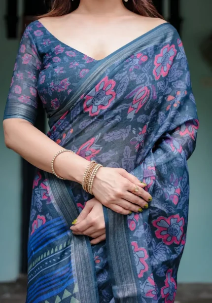 Deep Blue Pure Linen Saree With Vibrant Floral Print