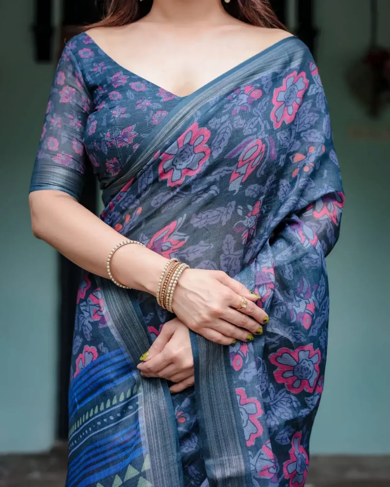 Deep Blue Pure Linen Saree With Vibrant Floral Print