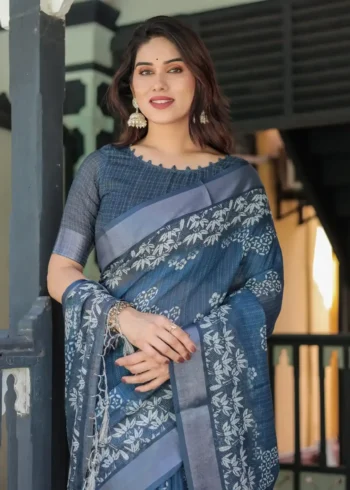 Deep Blue With White Floral Prints Linen Saree