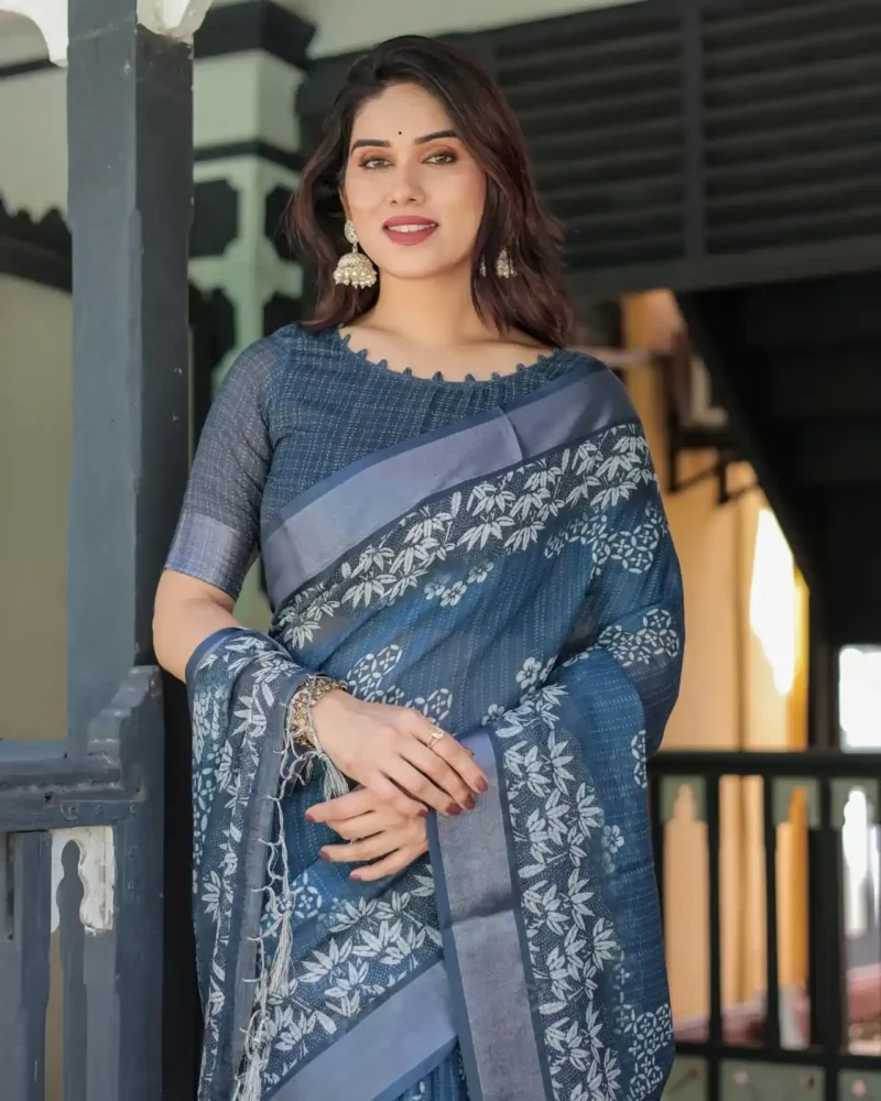 Deep Blue With White Floral Prints Linen Saree
