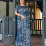 Deep Blue With White Floral Prints Linen Saree