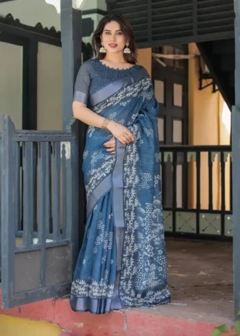 Deep Blue With White Floral Prints Linen Saree